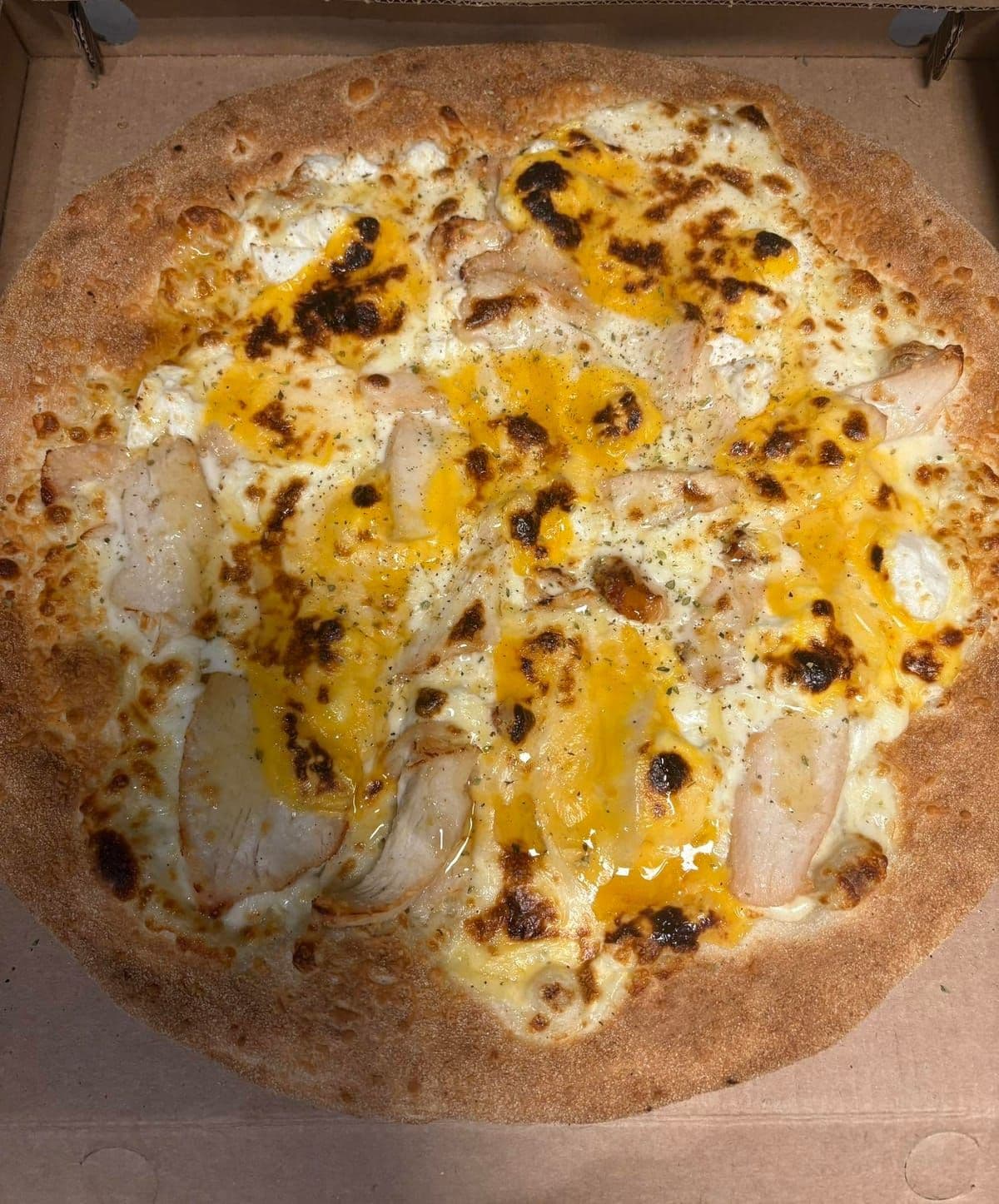 Une pizza blanche sortie du four, au fromage doré et au poulet, dans sa boîte en carton