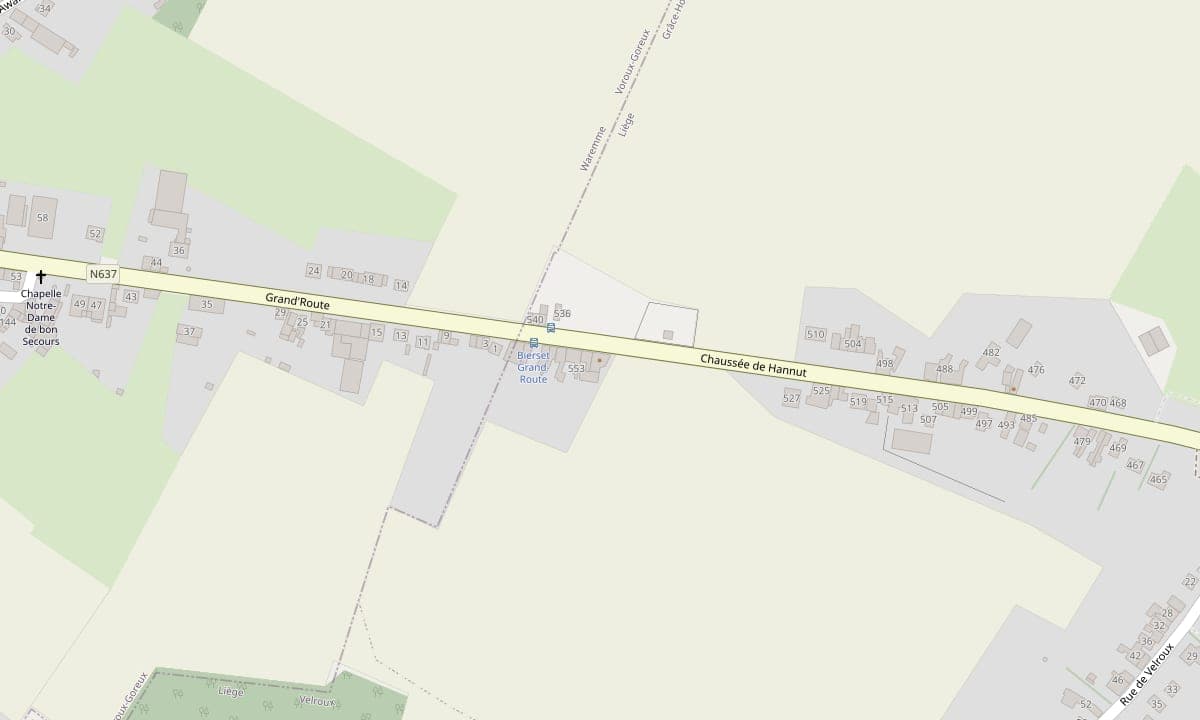 Plan de la chaussée de Hannut à Bierset : la pizzeria au numéro 549, à côté de l'arrêt de bus Bierset Grand-Route